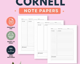 Printable Cornell Notes Paper, College Study Templates, Note Taking Worksheet, (Instant Download)