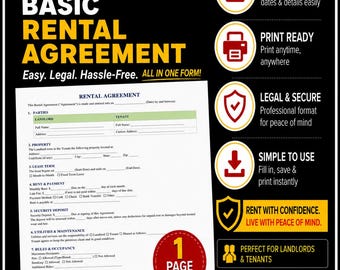 Editable One Page Rental Agreement Template | Printable Rental Contract | Instant Download