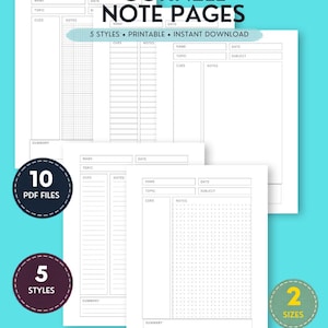 May include: A collection of Cornell note pages featuring 10 PDF files in 5 styles and 2 sizes. The pages include sections for name, date, topic, subject, cues, notes, and summary. Text includes CORNELL NOTE PAGES, 5 STYLES, 10 PDF FILES, 2 SIZES, US LETTER 8.5" x 11", and A4 SIZE 210 x 297 mm.