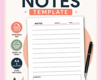 Easy Notes Template | Subject, Summary Sections (A4/US Letter) (Digital Download)
