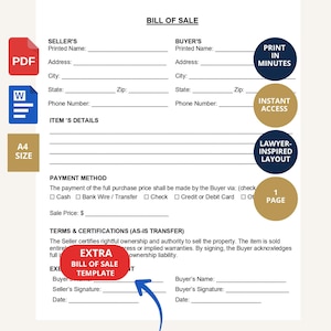May include: A white Bill of Sale document template with black text, featuring sections for seller and buyer information, item details, payment methods, and terms. Includes icons for PDF and Word formats, A4 size, and circular badges highlighting features.