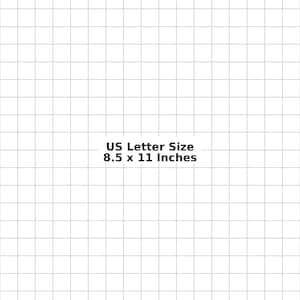 Könnte beinhalten: Ein weißes Blatt Papier mit einem schwarzen Rastermuster aus dünnen, gleichmäßig verteilten Linien. In der Mitte der Seite befindet sich der schwarze Text "US Letter Size 8.5 x 11 Inches" in einer klaren, serifenlosen Schrift auf dem Raster.