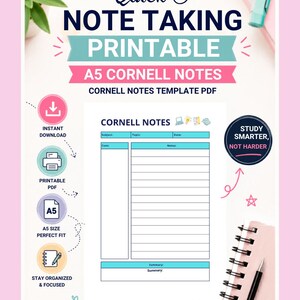 Szablon notatek Cornell A5, szybkie robienie notatek, plik PDF do wydrukowania (natychmiastowe pobranie)