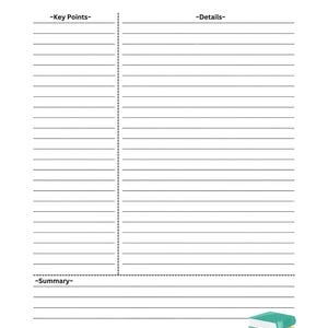Puede incluir: Una plantilla de notas blanca con texto y l&iacute;neas negras. El encabezado incluye "Notes", "Class:" y "Date:". La p&aacute;gina est&aacute; dividida en columnas "Key Points" y "Details", con una secci&oacute;n "Summary" debajo. Una peque&ntilde;a pila de tres libros se encuentra en la esquina inferior derecha.
