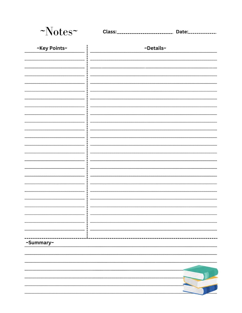 Puede incluir: Una plantilla de notas blanca con texto y l&iacute;neas negras. El encabezado incluye "Notes", "Class:" y "Date:". La p&aacute;gina est&aacute; dividida en columnas "Key Points" y "Details", con una secci&oacute;n "Summary" debajo. Una peque&ntilde;a pila de tres libros se encuentra en la esquina inferior derecha.