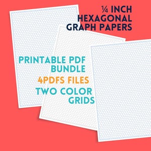 May include: Three sheets of white paper with a blue 1/4 inch hexagonal grid pattern. The text reads: 1/4 INCH HEXAGONAL GRAPH PAPERS, PRINTABLE PDF BUNDLE, 4PDFS FILES, TWO COLOR GRIDS. The background is a solid coral color.