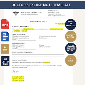 Editable Doctor Excuse Note for SCHOOL and WORK, Urgent Care Excuse Note, SICK Leave form, Medical Absence Letter (pdf, word, google doc)