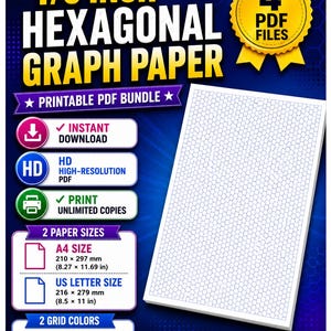 Op de afbeelding: Een digitaal pakket met 1/3 inch hexagonaal grafiekpapier met 4 PDF-bestanden. Inclusief A4-formaat van 210 x 297 mm en US letter-formaat van 8,5 x 11 inch. Het printbare papier is beschikbaar in grijze of blauwe rasterkleuren in hoge resolutie.