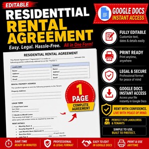 Könnte beinhalten: Eine Vorlage für einen Mietvertrag für Wohnzwecke mit dem Text "Editable Residential Rental Agreement" in großen gelben Buchstaben. Das Dokument ist einfach, legal und unkompliziert gestaltet, mit einem einseitigen Format. Inklusive Google Docs Sofortzugriff.