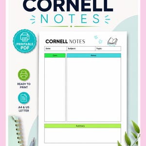 Puede incluir: Una plantilla de notas Cornell en PDF imprimible con secciones para fecha, materia, tema, pistas, notas y resumen. El documento incluye un encabezado con el texto CORNELL NOTES, un icono de libro y gráficos de estrellas. Diseñado para tamaños A4 y US Letter.