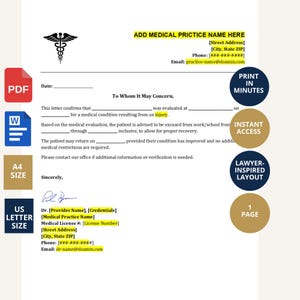 Könnte beinhalten: Eine Vorlage für ein ärztliches Attest mit einem Caduceus-Symbol, Platzhaltern für Praxisdaten, Patientendaten und Genesungsdaten. Das Dokument enthält eine Unterschriftenzeile, Kontaktinformationen und ein professionelles Layout.