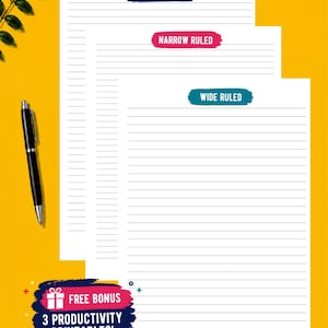 May include: Three white sheets of lined paper labeled College Ruled, Narrow Ruled, and Wide Ruled, each with a colored brushstroke background. A black ballpoint pen is positioned to the left. A dark blue graphic includes the text FREE BONUS 3 PRODUCTIVITY PRINTABLES!
