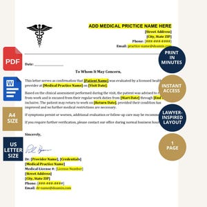 May include: A medical excuse letter template featuring a black caduceus symbol, placeholders for practice details, patient information, and dates. The document includes a signature line, contact information, and circular badges indicating PDF, Word, A4, and US Letter size compatibility.