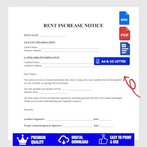 Editable Rent Increase Notice Template | Printable Rent Increase Letter, Landlord Rental Increase Form, Word, PDF, Google Docs