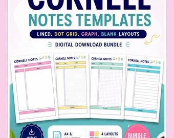 Cornell Notes Templates | Lined, Dot Grid, Graph, Blank Layouts (Digital Download BUNDLE)