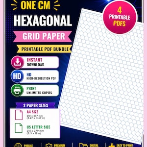 Peut inclure: Un ensemble numérique de papier quadrillé hexagonal d'un cm comprenant quatre PDF imprimables. L'image affiche le texte 4 PRINTABLE PDFS, ONE CM HEXAGONAL GRID PAPER, ainsi que les dimensions A4 de 210 x 297 mm et US Letter de 216 x 279 mm.