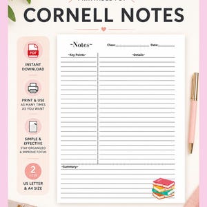 Plantilla imprimible de apuntes Cornell en PDF – Plantilla minimalista (A4, Carta estadounidense) - Descarga instantánea