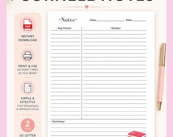 Cornell Notes Printable PDF – Minimalist Template (A4, US Letter) - Instant Download