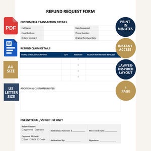 May include: A white refund request form with black text, featuring sections for customer details, transaction information, item descriptions, and internal office use. The document includes icons for PDF and Word formats, plus labels for A4 and US letter sizes.