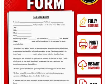 Editable Car Sale Form Template, Printable Seller Protection Forms, Vehicle Receipt PDF, Car Sale Agreement, Instant Download