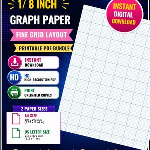 1/8インチ方眼紙（印刷用PDF）｜細目方眼紙｜A4、A5、USレターサイズ｜青とグレーの方眼紙｜即時ダウンロード