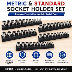 May include: A set of socket holders with sockets, displayed on a light background. The text at the top reads "METRIC & STANDARD SOCKET HOLDER SET". The set includes 5 rails, multiple sizes, and is drive compatible with 1/4", 3/8", and 1/2" sockets.