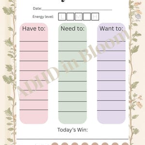 May include: A Daily Reset planner with sections for 'Have to,' 'Need to,' and 'Want to' tasks. Includes an energy level tracker and a water tracker. The design features a floral border and the text 'ADHD in Bloom | Progress, not perfection'.