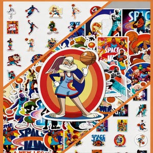May include: A selection of vibrant stickers showcasing characters from the film Space Jam. The stickers feature Bugs Bunny, basketball players, and the Space Jam logo. The stickers are in diverse shapes and sizes, set against a white backdrop.