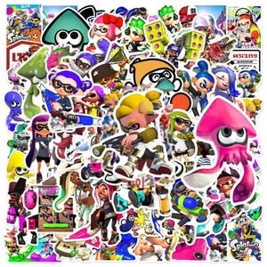 Puede incluir: Una colección de pegatinas troqueladas y coloridas con personajes e imágenes del videojuego Splatoon. Las pegatinas muestran varios Inklings, armas y elementos relacionados con el juego en colores vibrantes.