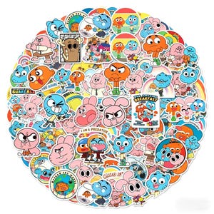 Puede incluir: Una colección de pegatinas coloridas con personajes de dibujos animados de El asombroso mundo de Gumball. Las pegatinas muestran varios personajes en diferentes poses y expresiones, con colores vibrantes y diseños detallados. Las pegatinas están dispuestas en un patrón circular.