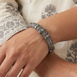 Oxidized Silver Look Tribal Kada Bracelet, Vintage Boho Indian Cuff Jewelry