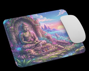 Vaporwave Buddha Mouse Pad, Aesthetic Desk Decor, Zen Gaming Mousepad, Retro Anime Desk Mat, Gift for Gamers & Creators