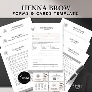 May include: A collection of Henna Brow forms and cards template, including consent forms, patch test forms, and aftercare instructions. The forms are white with black text and a logo, and the cards feature eyebrow illustrations. A black pen and envelope are also included.