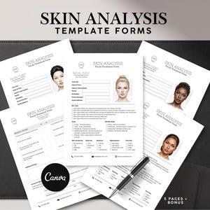 May include: A set of white Skin Analysis template forms featuring illustrations of women, a black pen, and the text "SKIN ANALYSIS TEMPLATE FORMS". The forms are on a black surface, with the Canva logo.