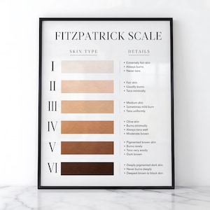 May include: A framed educational poster titled FITZPATRICK SCALE displaying six horizontal color swatches representing skin tones from I to VI. Each row includes Roman numerals, a color bar ranging from pale to dark brown, and descriptive text.