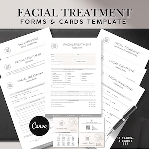 Peut inclure: Un ensemble de formulaires et de cartes de traitement facial. Les formulaires comprennent des formulaires de prise en charge, de suivi et de consentement. Les cartes comprennent une carte de fidélité et un guide de suivi. L'ensemble comprend 13 pages et 4 cartes.