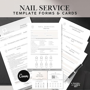 May include: A set of nail service template forms and cards. The forms include client information, appointment details, and treatment records. The set includes 8 pages and 4 cards. A black pen and a black folder are also visible.