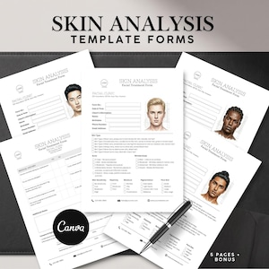 May include: A collection of white Skin Analysis template forms with portraits of diverse individuals. The forms are labeled "Facial Clinic" and include sections for client information and skin type assessment. A black pen rests on the forms, and the text "SKIN ANALYSIS TEMPLATE FORMS" is displayed.
