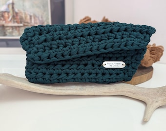 Hand-Crocheted T-Shirt Yarn Clutch | Forest Green Evening Bag | Made in Australia