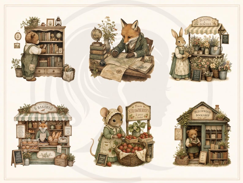 Woodland Storybook Lifestyle Clipart Bundle, Cottagecore Woodland Animals, Cozy Scenes (Digital Download) image 6
