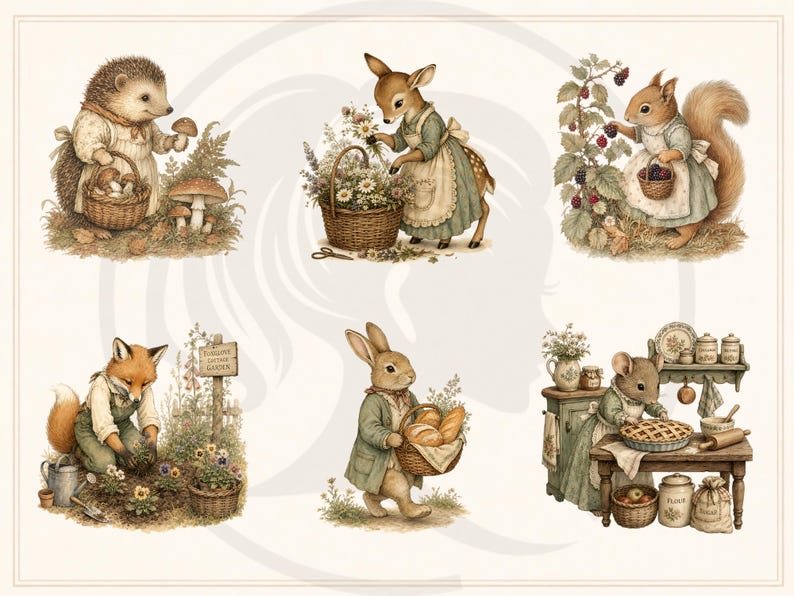 Woodland Storybook Lifestyle Clipart Bundle, Cottagecore Woodland Animals, Cozy Scenes (Digital Download) image 3
