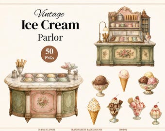 Vintage Ice Cream Parlor Clipart, Watercolor Sundaes, Cones, Desserts (50 PNGs)