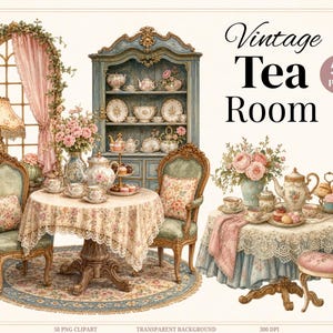Può includere: Una collezione digitale di 50 immagini PNG intitolata Vintage Tea Room, che presenta illustrazioni di mobili decorati, servizi da tè floreali, tavoli con pizzo, sedie imbottite, una credenza con porcellane e bouquet di rose rosa.