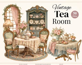 50 Vintage Storybook Tea Room Clipart, Cottagecore Tea Party Graphics (Digital Download)