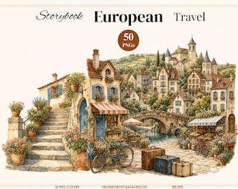 Storybook European Village Travel Clipart, 50 Watercolor Europe PNG, Vintage Village Clipart, Old Town Streets, Travel Journal