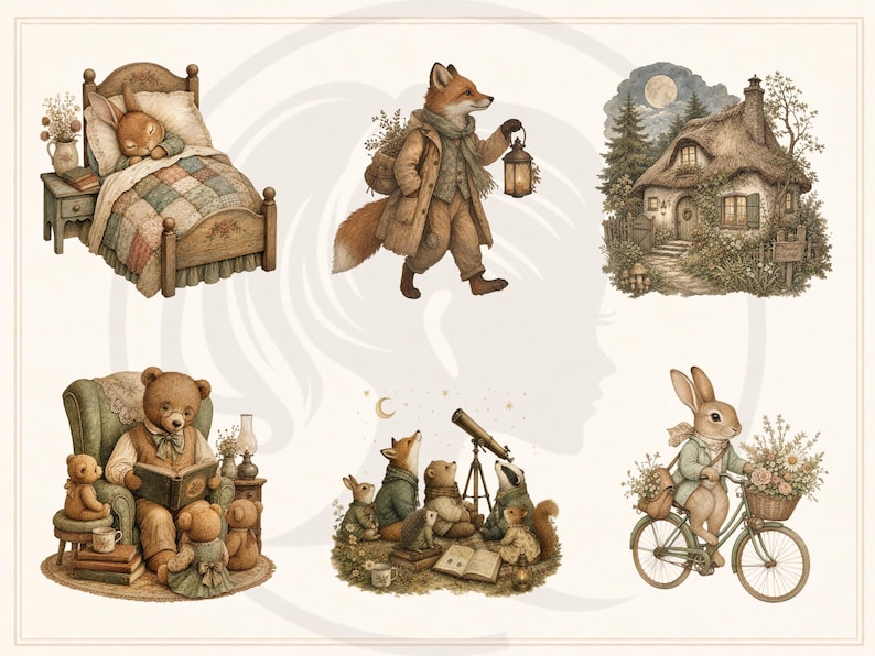 Woodland Storybook Lifestyle Clipart Bundle, Cottagecore Woodland Animals, Cozy Scenes (Digital Download) image 8