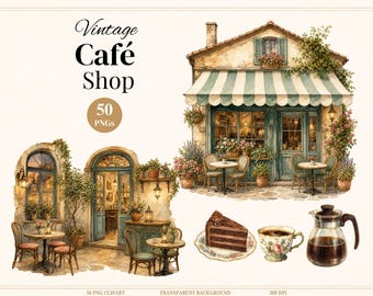Vintage Watercolor Café Clipart Bundle, Coffee Shop PNG, Cozy Cafe Clipart, Vintage Coffee & Pastry Illustrations, Commercial Use (50 PNGs)