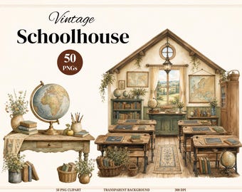 Vintage Schoolhouse Clipart Bundle, 50 Watercolor Classroom PNG, Cottage School PNG, Vintage Teacher Graphics, Commercial Use PNG
