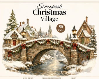 50 Vintage Storybook Christmas Village Clipart Bundle PNG, Watercolor Christmas Clipart, Cozy Winter Village, Cottagecore Holiday