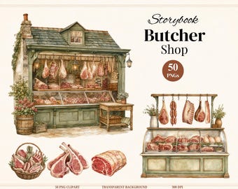 Vintage Butcher Shop Clipart Bundle, Watercolor Meat Clipart, Storybook Village Shop Illustrations, Commercial Use (50 PNGs)
